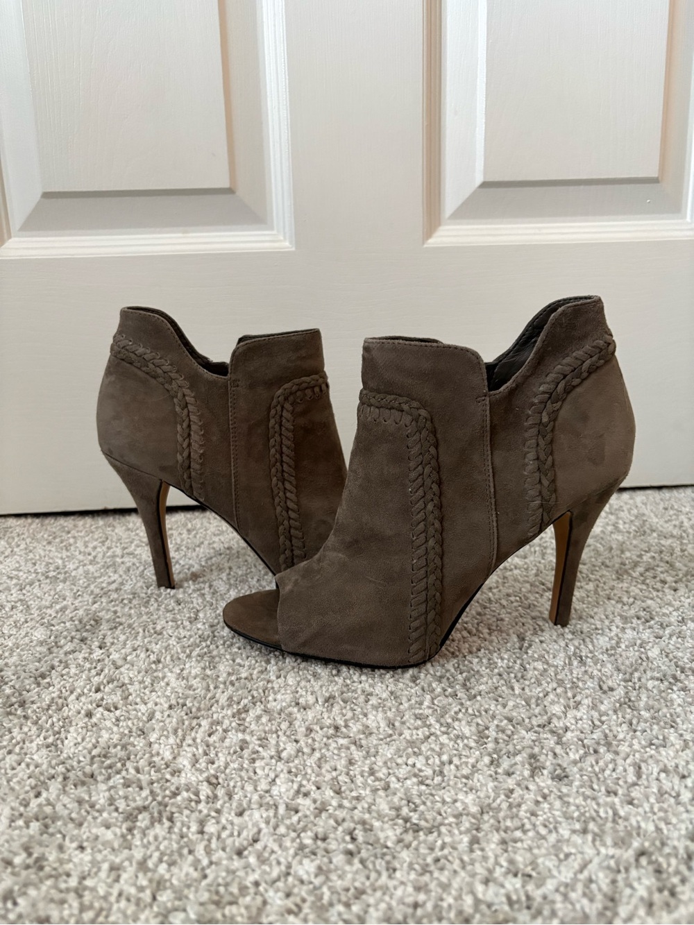 Vince Camuto Taupe Suede Braided Peep-Toe Ankle Booties